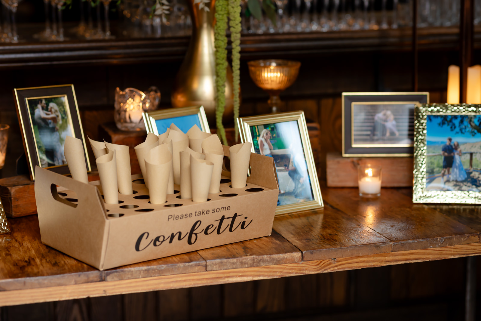 Wedding reception detail featuring confetti favors and personalized décor.