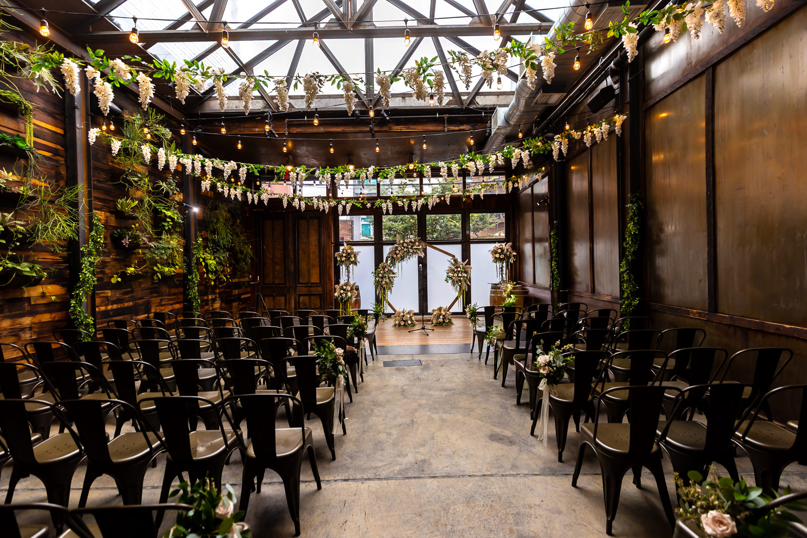 Ceremony space prepared for a wedding at Brooklyn Winery in Williamsburg.