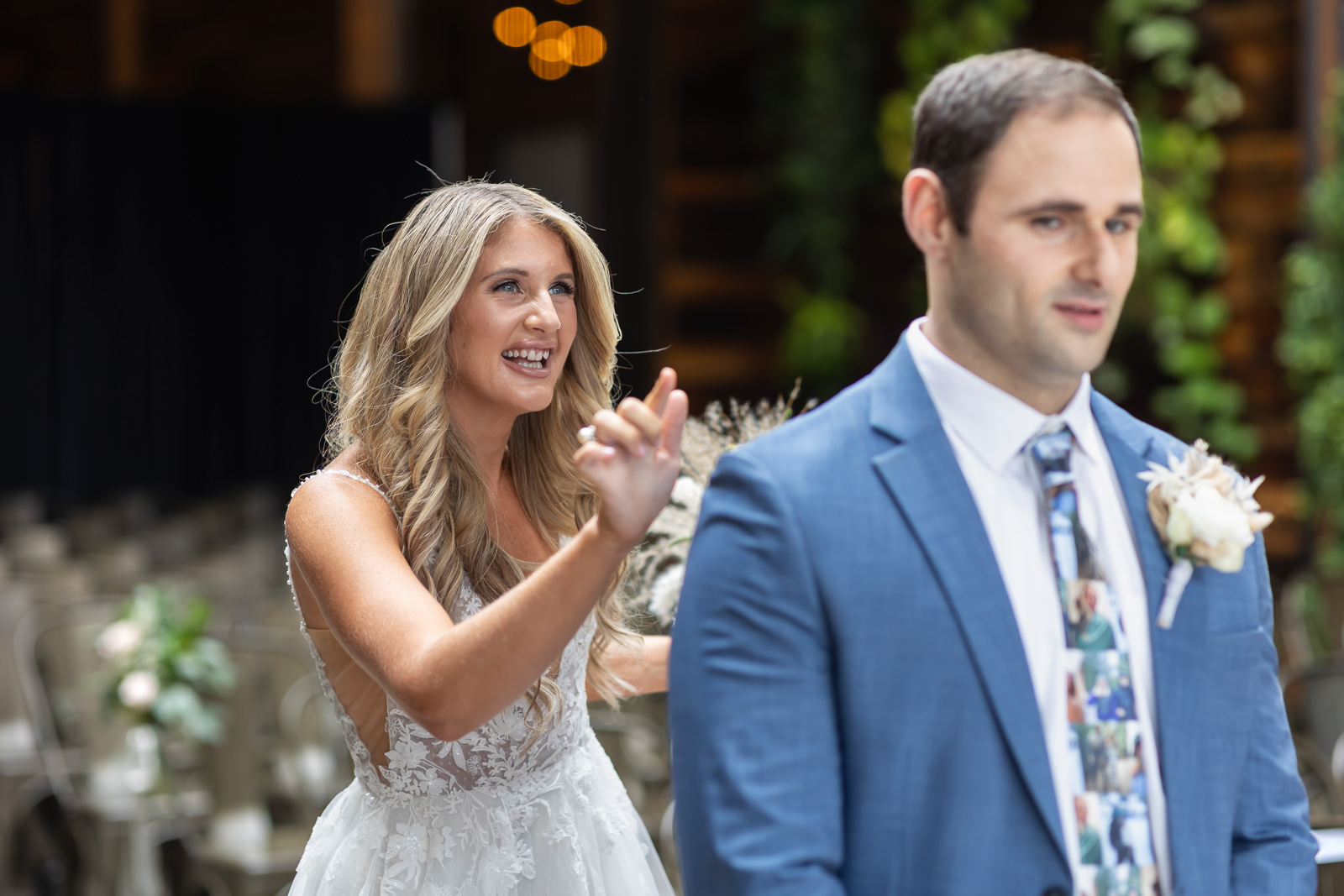 Bride reacting during the couple's first look at Brooklyn Winery wedding.