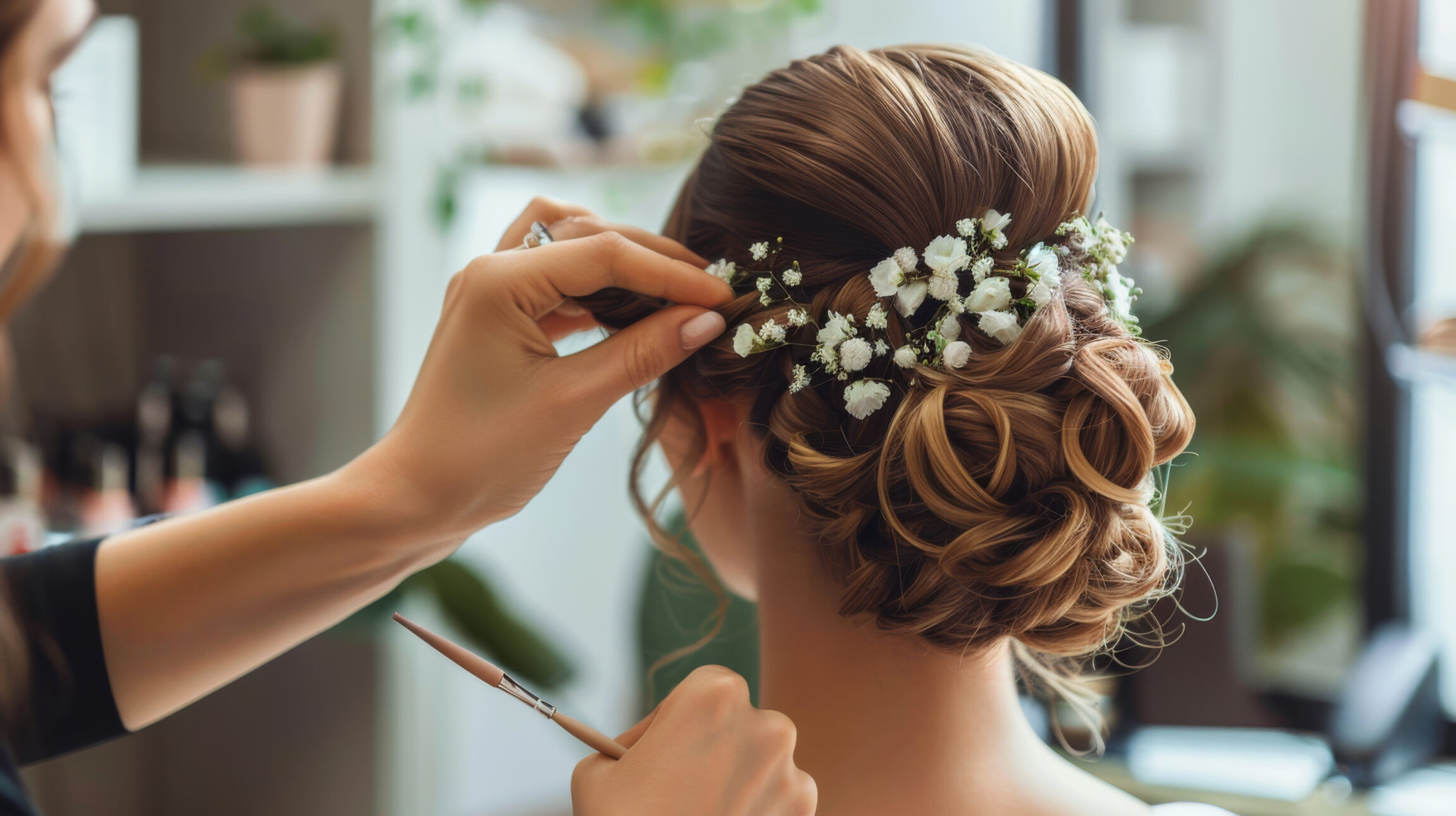 A stylist arranges small white flowers in a woman's elegant, curled updo hairstyle, creating a delicate and intricate look in a bright, softly focused salon setting—perfect inspiration for Wedding Planners in Brooklyn seeking fresh ideas for bridal hair.